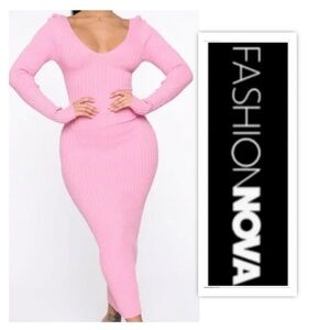 Fashion Nova Pink Long Sleeved Kallan Knit Ribbed V Neck Maxi Dress